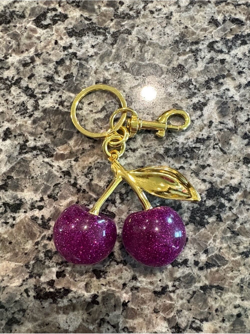 Gold Cherry Bag Charm Keychain with Sparkling Purple Cherries NWT